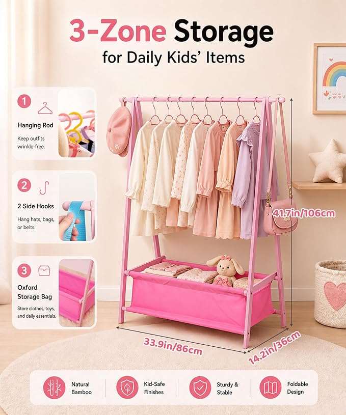 Homde Sturdy Kids Clothes Rack: 66 lb Capacity for Growing Wardrobe Needs | Hanging Rod Holds Clothes, Basket Stores Items Below - Helps Kids Build Tidy Habits - Angled Bamboo Side Frames Add Stability