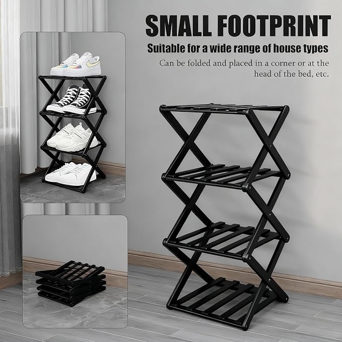 Vertical Black Shoe Rack Small, 4 Tier Portable Folding Shoe Storage Rack, Without Installation Free Standing Shoe Rack for Corridors, Bedrooms Living Room Corner and Small Spaces
