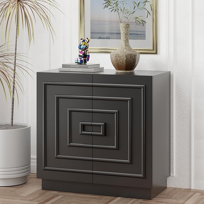 Aoikax Modern 2-Door Storage Cabinet, Sculptural Rustic Cabinet with Geometric Square Pattern, Contemporary Accent Cabinet for Bedroom, Living Room, Black