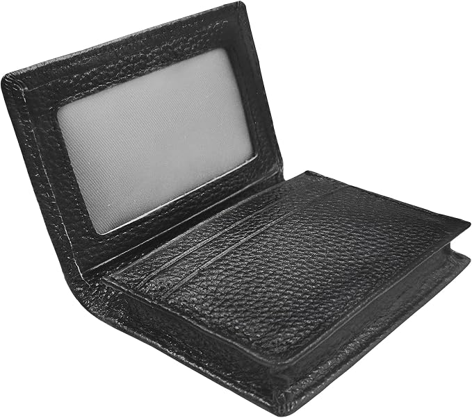 Genuine Leather Business Card Holder Name Card Case Credit Card Wallet with ID Window RFID Blocking (Black)
