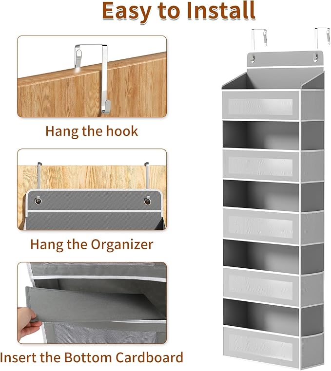 AQOOA 5-Tier Over The Door Organizer, Over the Door Storage 5 Large 10 Side Pockets 44 lbs Load Behind Door Storage, Closet Door Organizer Hanging Shelf for Bathroom Bedroom Nursery, Grey