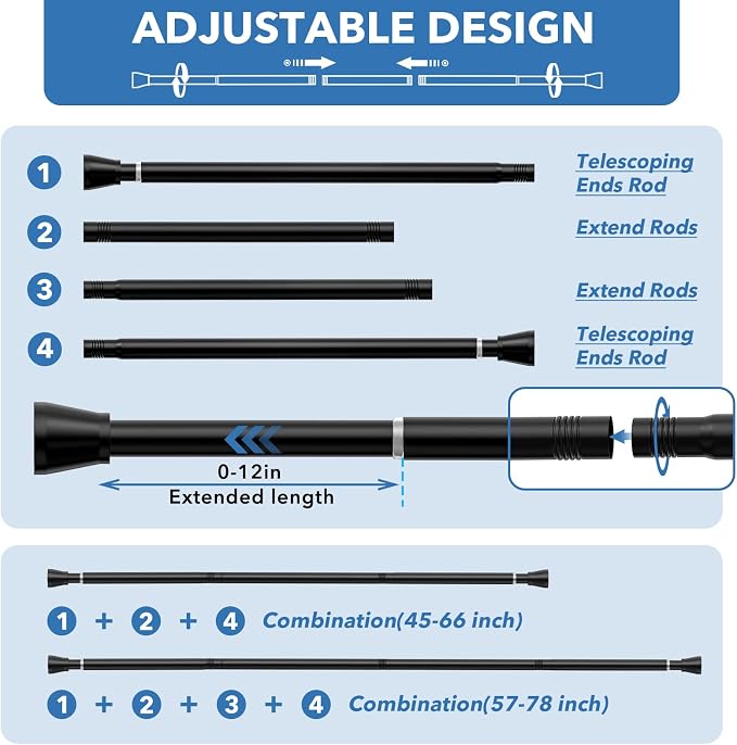 Black Tension Curtain Rod 45-77 inch, Adjustable Curtain Rod No Drill Tension Rod, Spring Tension Shower Curtain Rod for Bathroom Window Closet