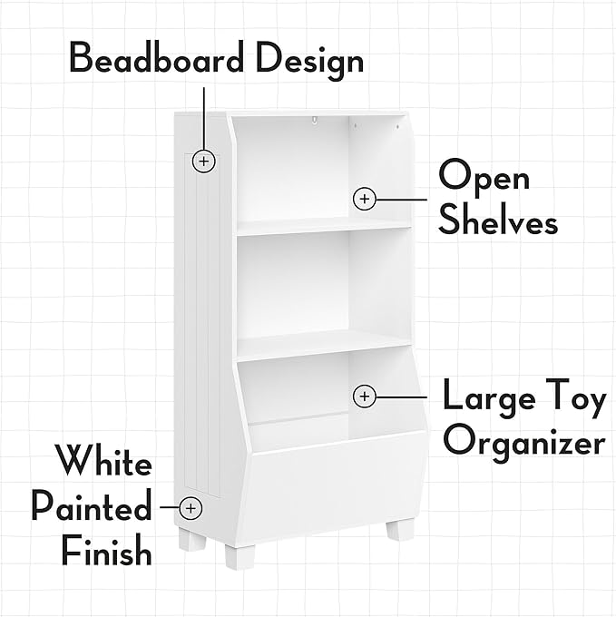 RiverRidge Kids Bookshelf with Veggie Storage and 2 Open Shelves and 2 Gray Fabric Bins - Kids Storage Organizer, Toy Shelf & Book Shelf with Deep Veggie Bin and Top Toy Display Area