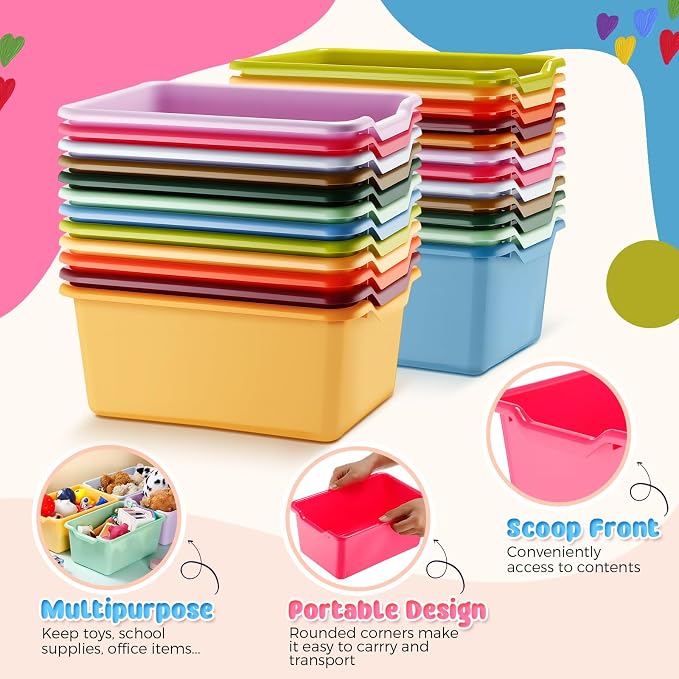 Dandat 36 Pcs Plastic Book Bins for Classroom Library Colorful Scoop Front Cubby Bins Stackable Toy Storage Containers with Handles for School Home Office Nursery Daycare (Vintage Color)