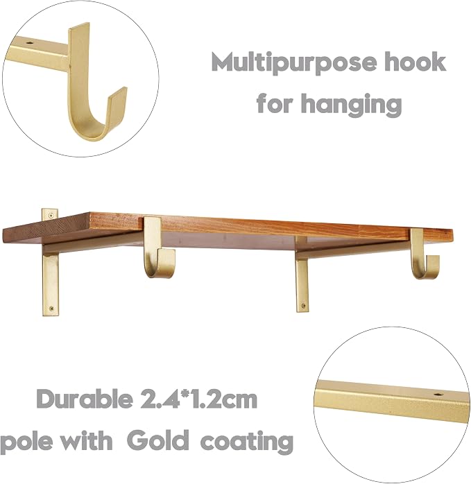 AddGrace Closet Rod Bracket Heavy Duty Shelf Brackets Gold 10 Inch 4 Pack | Fit for Closet Wardrobe Laundry Room and Kitchen, with Hook, Store Above and Hang Below, Supports 66 lbs, Easy to Install