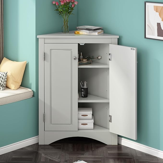 Corner Storage Cabinet with Adjustable Shelves, Triangle Bathroom & Kitchen Organizer, Freestanding Floor Cabinet for Toilet Kitchen Bathroom Cleaning Supplies (Gray)