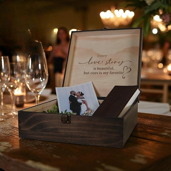 Mr and Mrs Wedding Memory Box- Wooden Keepsake Box with Lid for Couples, Rustic Storage Box for Cards, Photos & Mementos, Anniversary & Engagement Gift- 11.4x11.4x4.5 Inches