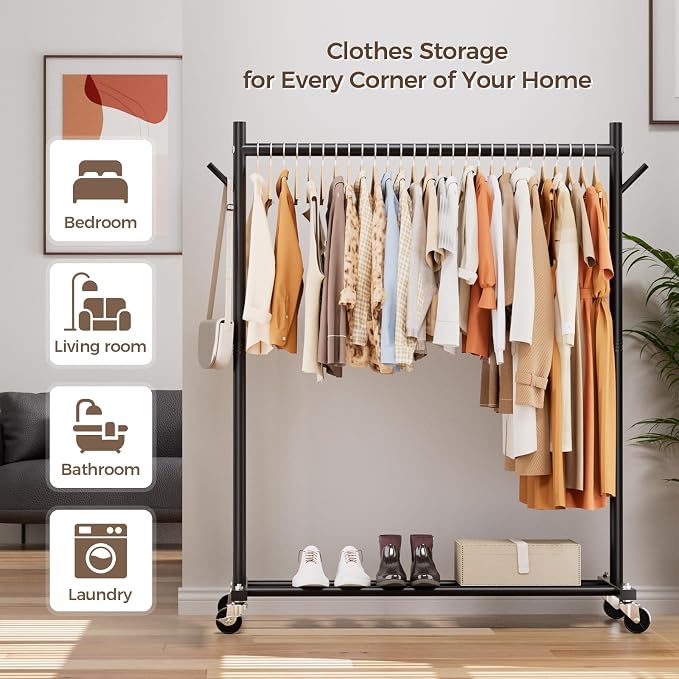 Clothes Rack, Clothing Rack for Hanging Clothes Load 280LBS, Rolling Garment Rack, Portable Coat Rack Freestanding Clothes Rack with Wheels Wardrobe Rack Easy Assembly for Bedroom Living Room, Black