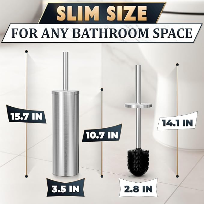 2 Pcs Stylish Stainless Steel Toilet Brush and Holder Set - Silver Toilet Bowl Brush and Holder with Splash Cover, Sturdy Bristles, Corrosion & Scratch Resistant - Elegant Design, Effective Cleaning