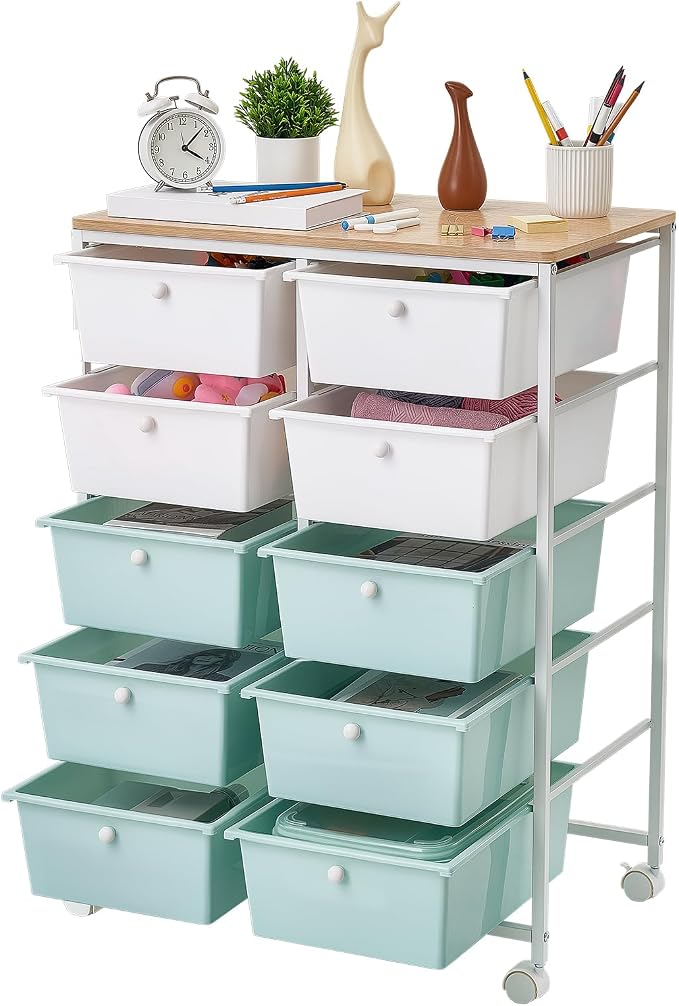 VEVOR Rolling Cart with Drawers, Double Row 10 Drawer Storage Organizer, Mobile Utility Cart, Wood Top, Steel Frame, Universal Casters & 2 Brakes, for Office, Classroom, Craft Room, Studio, Blue White