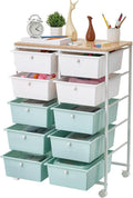 VEVOR Rolling Cart with Drawers, Double Row 10 Drawer Storage Organizer, Mobile Utility Cart, Wood Top, Steel Frame, Universal Casters & 2 Brakes, for Office, Classroom, Craft Room, Studio, Blue White
