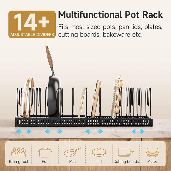 MUDEELA Pot Lids Organizer Rack for Cabinet, Expandable 11.81" to 22.85" Pot and Pan Organizer Holder with 14 Adjustable Dividers, Baking Cookie Sheet Bakeware Cutting Board Kitchen Storage Organizer