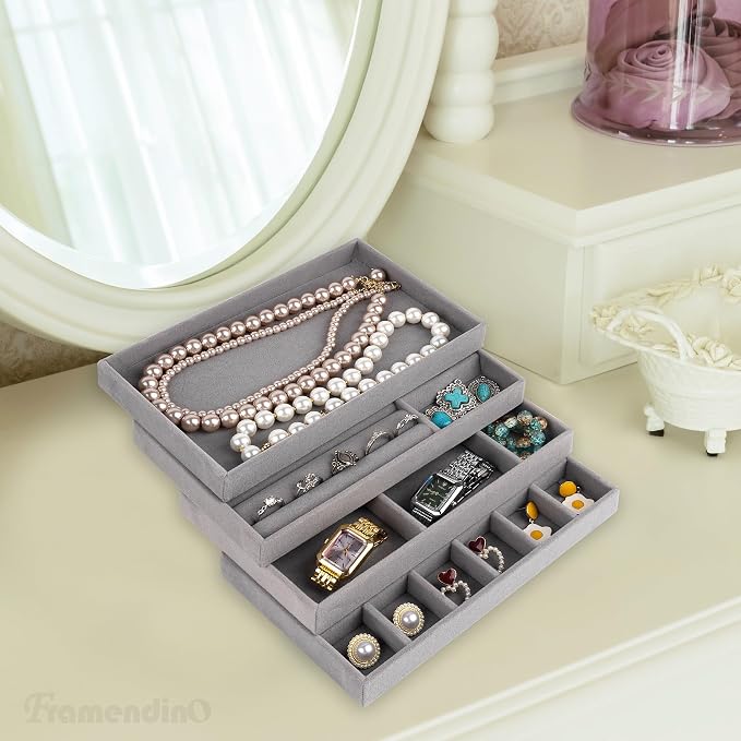 Framendino, 4 Pack Grey Velvet Jewelry Trays Stackable Organizer Drawer Inserts Container Display Case for Bracelets Necklaces
