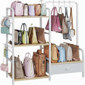 Purse Organizer for Closet, with Bottom Drawer, Extra Large Capacity 3 Tier Handbag Storage Rack for Women, 10 Purse Hanger and Hooks for Bag Organizer, Floor-Standing, Home, Living Room (Wooden)