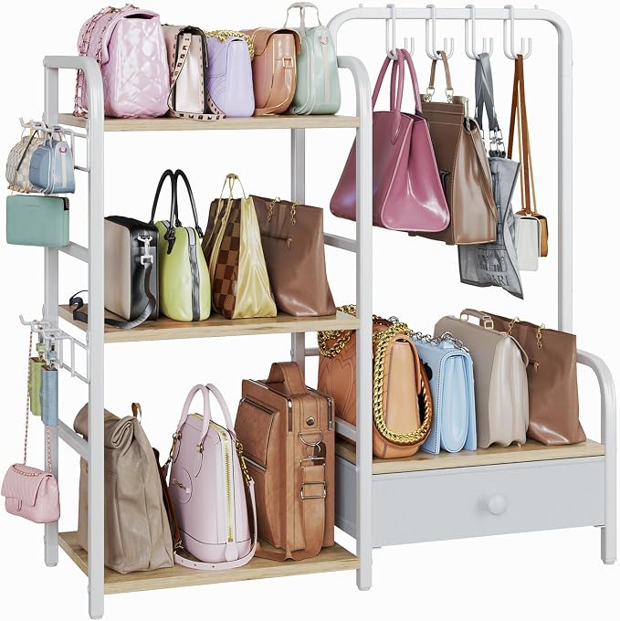 Purse Organizer for Closet, with Bottom Drawer, Extra Large Capacity 3 Tier Handbag Storage Rack for Women, 10 Purse Hanger and Hooks for Bag Organizer, Floor-Standing, Home, Living Room (Wooden)