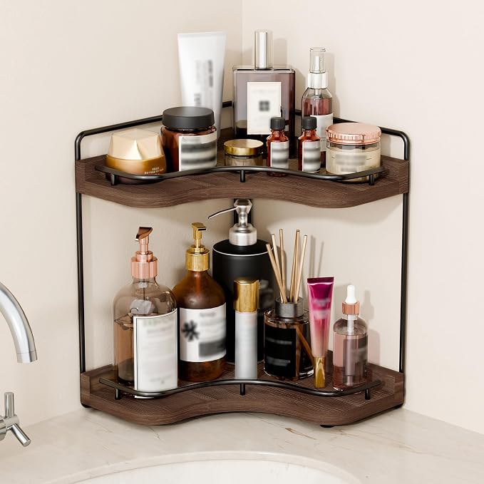 2-Tier Corner Bathroom Counter Organizer for Storage, Dark Brown | Solid Wood, Larger Size, Embedded Screw Holes, sink and Vanity Countertop Organizer for Perfume, Skincare & Makeup Storage