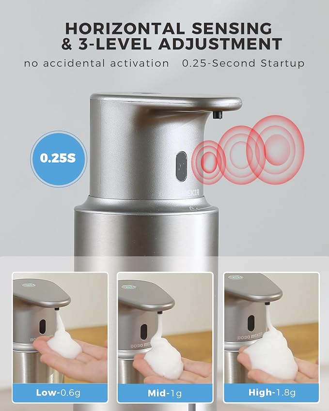 Automatic Foaming Soap Dispenser Touchless, 304 Stainless Steel Bottle Body | 16.2oz/480ml Rechargeable, 3 Adjustable Liquid Levels, IPX7 Waterproof, for Kitchen Bathroom, Stainless Steel