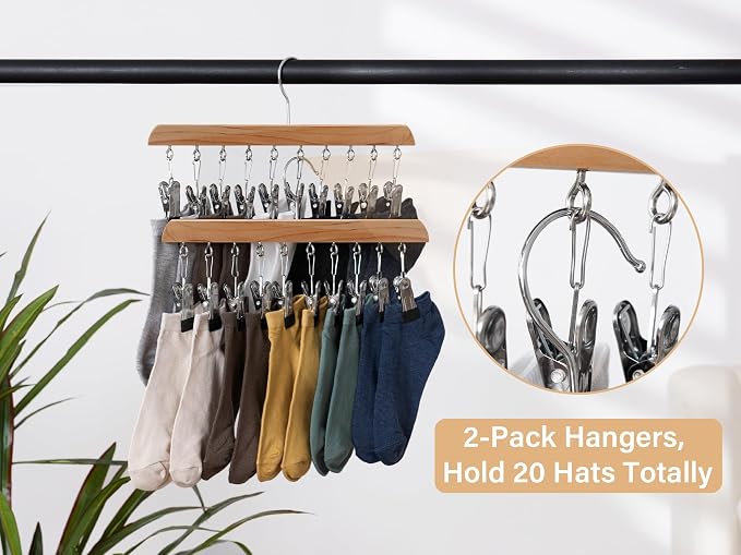 StorageWorks Hat Organizer 2 Pack, Wood Color Cap Hanger Rack with 10 Clips