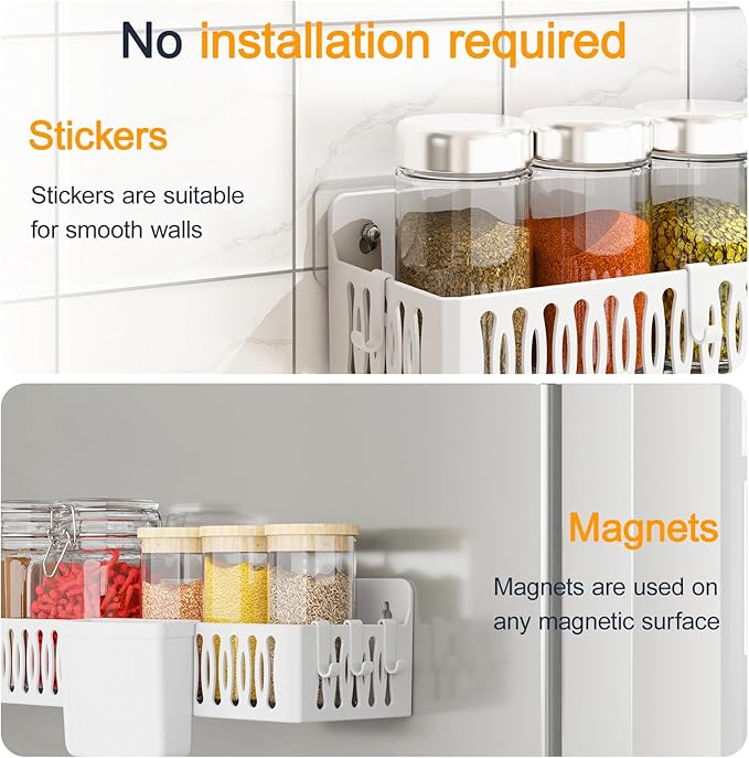 Sevenblue 4-Pack Magnetic Spice Rack for Refrigerator with Hooks, White | Strong multipurpose magnetic shelf for kitchen & bathroom organization. Includes 4 removable hooks for hanging items.