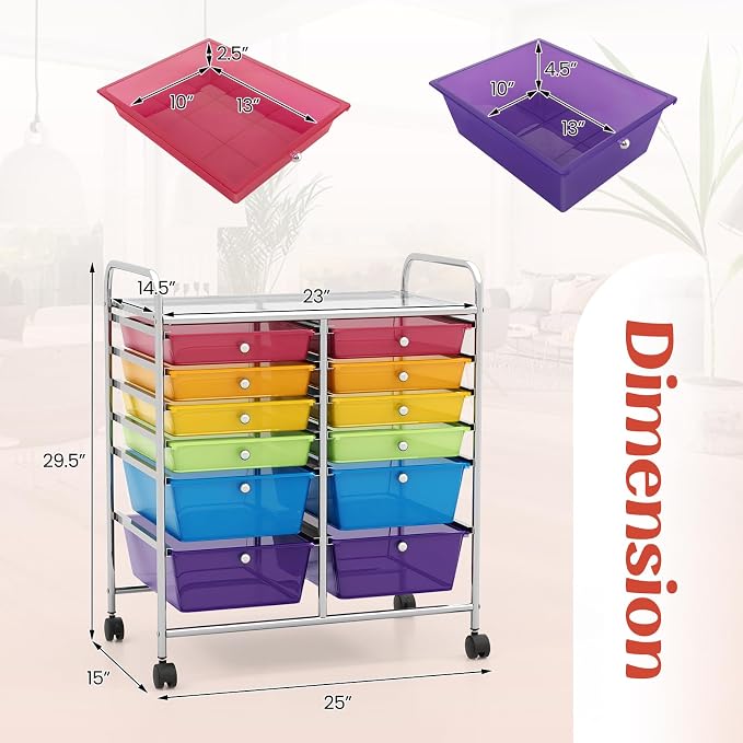 DREAMADE Rolling Cart with Storage Drawers, Utility Cart with Removable Plastic Drawers, Lockable Wheels, Art Cart for Classroom Organization Art Supplies Office Scrapbook (‎12 Drawers, Rainbow)