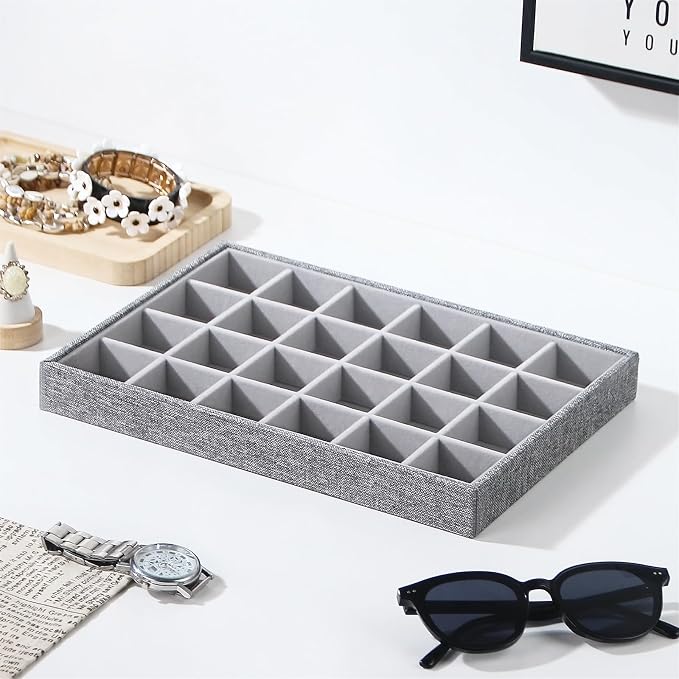Stackable Jewelry Organizer Tray For Drawers,White Leather Small Earring Storage Tray,Bracelet And Necklace Display Box,Jewelry Ring Display Case (Gray 24 Grids)