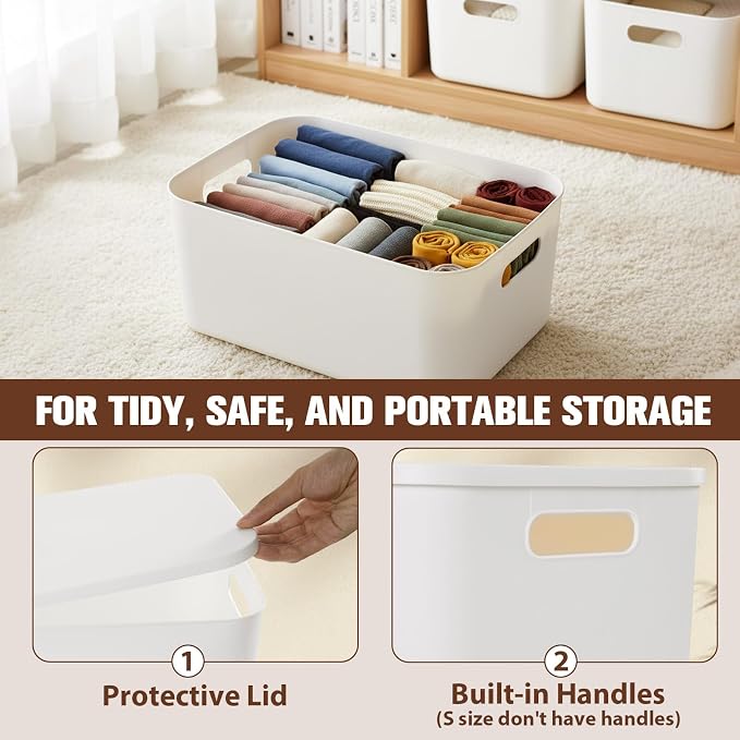 ANMINY 12PCS Plastic Storage Bins Containers with Lids, Large Storage Organization Bins Boxes, Lidded Plastic Storage Baskets for Closet Shelves Desktop, White Lids, 2XL + 4L + 2M + 4S