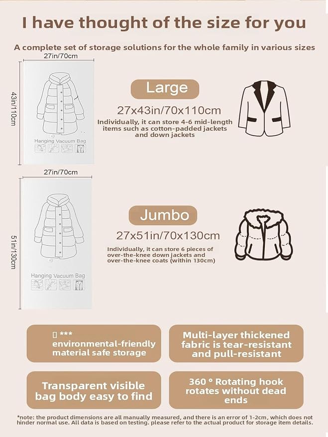 hanging vacuum storage bags for coats, 27x43 in 4PCS,Clothing protection, dustproof and anti-aging protection to prevent wrinkles for Clothes, Suits, Coats