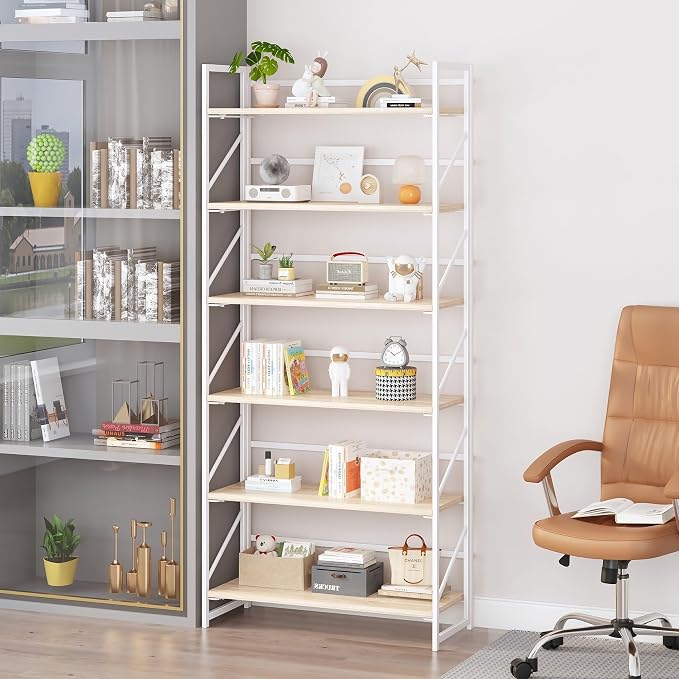 JSB 6 Tier No Assembly Folding Bookshelf, 30.7" Wide Foldable Storage Bookcase for Home Office, Space-Saving Storage Shelf for Living Room (White)