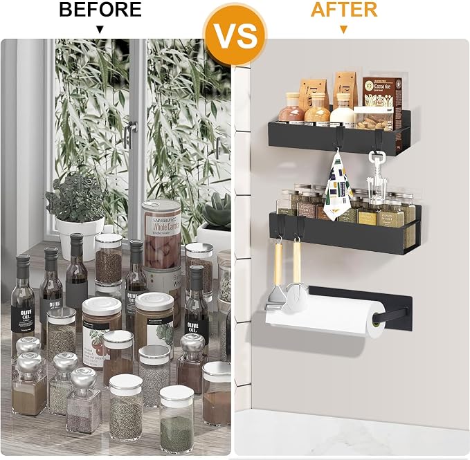 4 Pack Magnetic Spice Rack for Refrigerator,Metal Magnetic Shelf Black with Paper Towel Holder,Whiteboard,3 Markers,4 Hooks,Space Saving for Home,Kitchen