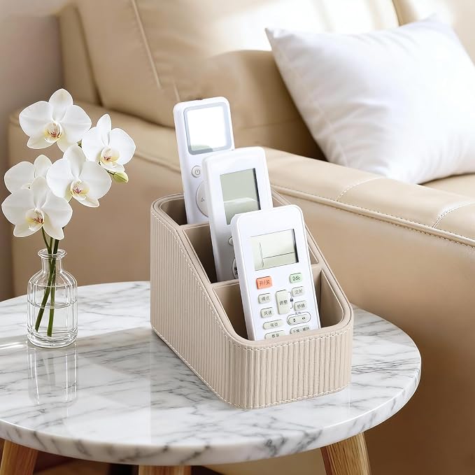 Remote Control Holder, PU Leather Nightstand Organizer, Beige | 3-compartment Remote Bedside Caddy, Soft Velvet Lining, Small Desk Organizer for Remote/Pen/Glasses/Phone