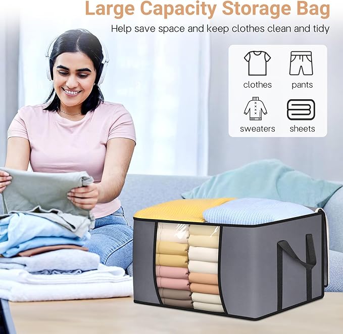 SLEEPING LAMB 65L Clothes Storage Bag, Breathable Blanket Storage Container and Foldable Comforter Organizer for Closet with Reinforced Handles for Sheets, Pillow, Toys, Grey