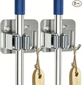 2 Pack Broom Holder Wall Mount, 304 Stainless Steel Mop Organizer with Hooks, No Drill Adhesive and Screw Installation, Rust Proof Storage Rack for Garage, Laundry, Garden, Silver