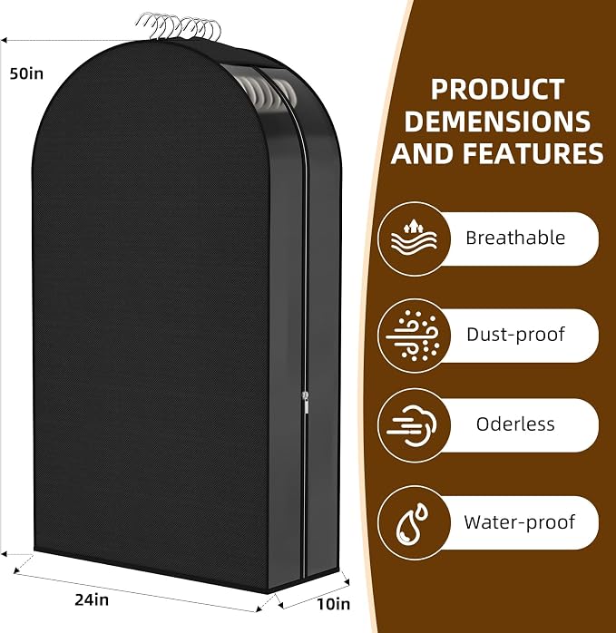 Black Garment Bags for Hanging Clothes 4 Packs, 10“ Gusseted and 50" Clothes Protectors for Hanging Clothes for Closet, Shirts, Coats, Dresses