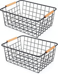 Black 2PCS Wire Storage Baskets with Wooden Handles - Organizing Pantry and Kitchen Cabinets - Metal Wire Food Storage Basket