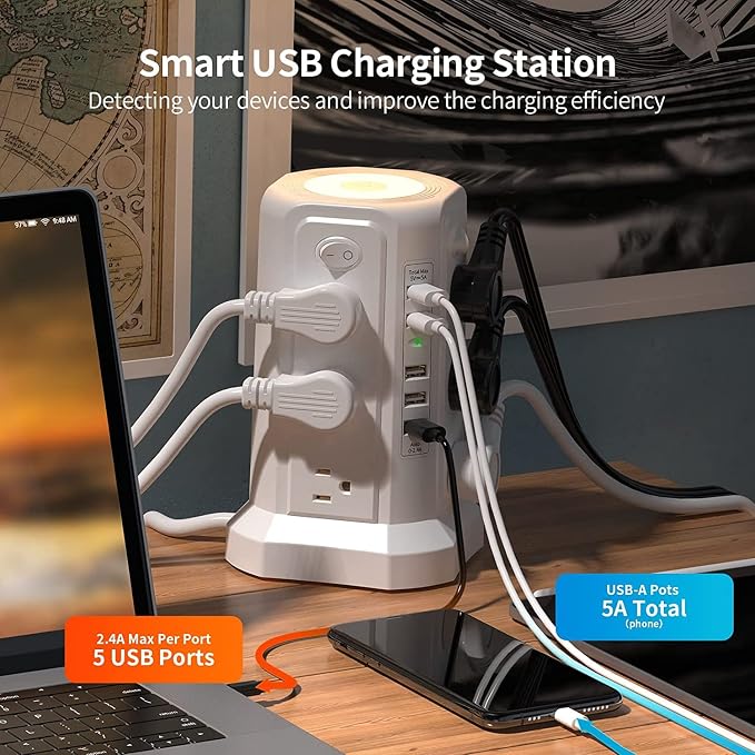 Surge Protector Power Strip Tower with 5 USB Ports and Night Light, 10FT Extension Cord with 12 AC Multiple Outlets, PASSUS Power Tower, Overload Protection for Home Office Dorm Room (2PC-White)