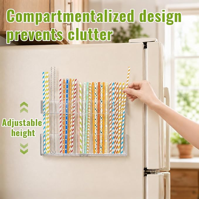 Mpotmiy 9.5” Large Acrylic Straw Holder for Cabinet Door 2 pack - Reusable tumbler straw organizer, Compact Kitchen Gadget Container, adhesive cupboard door organizer (Transparent)