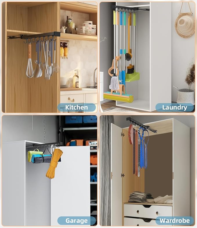 Pull Out Broom Holder With Adjustable Double Row Sliding Hook-Black 16.14in | High Load Capacity, Multifunctional Slide Broom And Mop Storage/Garage Organization Hooks, for Closet Laundry, kitchens
