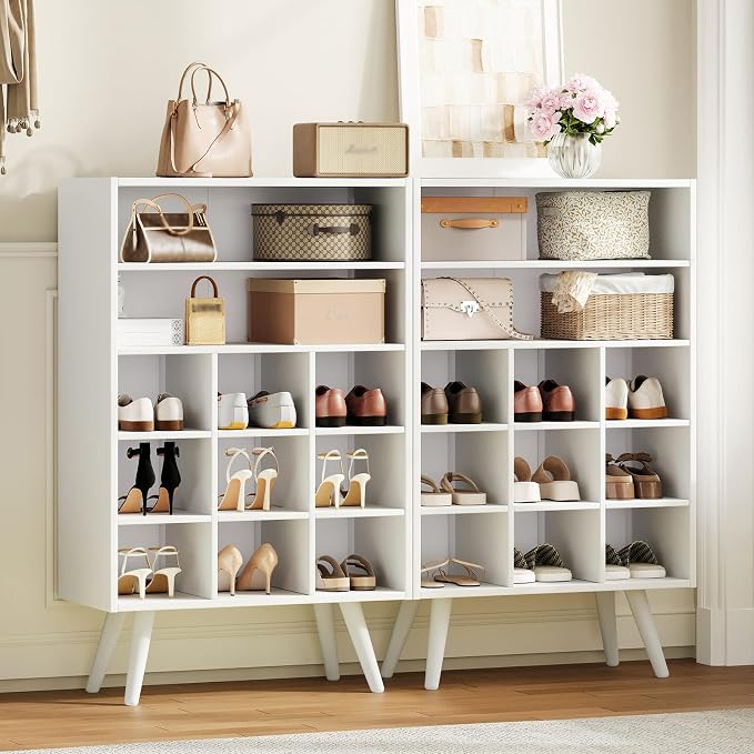 5 Tiers Shoe Storage Cabinet, Stackable Shoe Cubby Wooden Shoe Rack Organizer with 9 Cubbies, 2 Shelves and Legs, 10-15 Pairs, Freestanding Shoe Organizer for Closet, Entryway, Bedroom, White