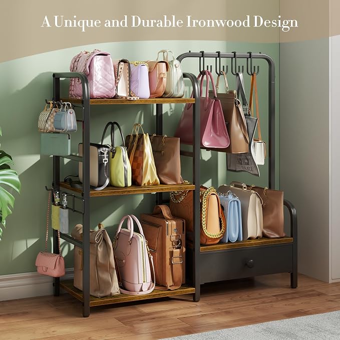Purse Organizer for Closet, with Bottom Drawer, Extra Large Capacity 3 Tier Handbag Storage Rack for Women, 10 Purse Hanger and Hooks for Bag Organizer, Floor-Standing, Home, Living Room (Black)