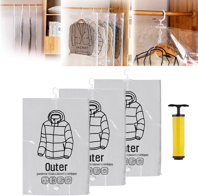 FETNHU Hanging Compressible Storage Bag, Hanging Vacuum Storage Bags with Pump, Reusable Space Saver Vacuum Storage Bags for Home Closet Organization Compression Seal (3PCS,M 67 x 90cm)
