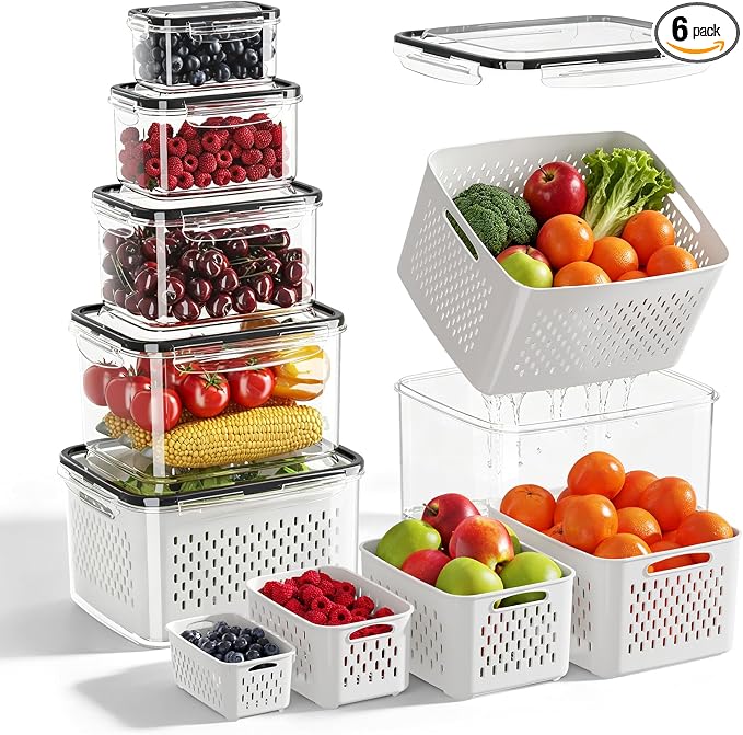 Fruit Storage Container for Fridge with Removable Colander, 6 Pack | Leakproof Produce Containers for Fridge, Airtight Food Storage Container, Keep Fruit, Veggies, Berry, Salad Fresh Longer