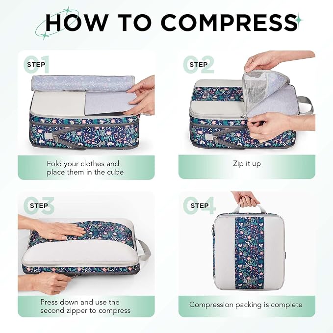 OlarHike 6 Set Compression Packing Cubes for Travel Essentials,Compressible Expandable Space Saver Bags for Organizing Clothes,Luggage Garment Bags with Over 1000 pcs Mesh Holes(Dark Blue Floral)