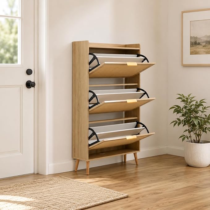 Shoe Storage Cabinet for Entryway, Slim Freestanding Rattan Shoe Cabinet with 3 Flip Drawers, Hidden Shoe Organizer Cabinet, Narrow Shoe Rack, Farmhouse Design