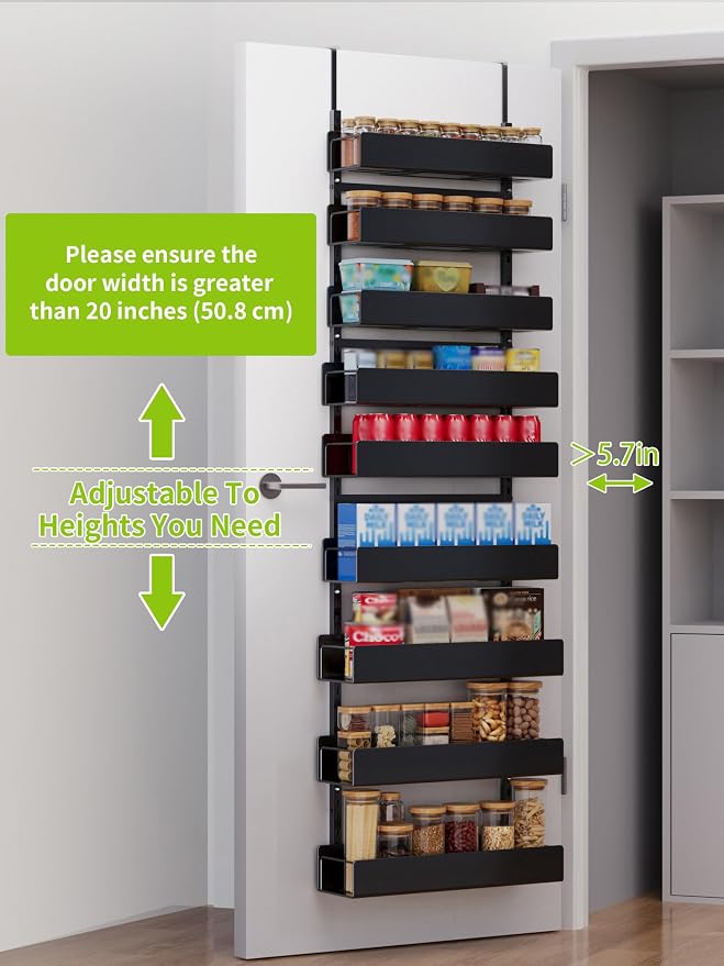 9-Tier Over Door Pantry Rack, Heavy Duty Metal Spice Organizer Shelf for Kitchen, Black