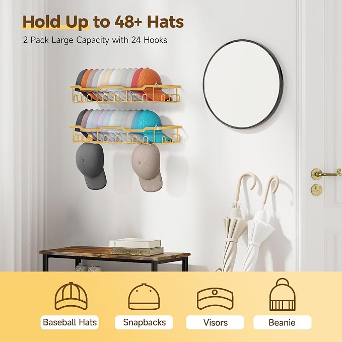 Nicetree Hat Racks for Baseball Caps Wall - Metal Hat Organizer for 48 Baseball Caps Holder, 2 Pack Hat Storage Organizer for Closet, Bedroom, Living Room