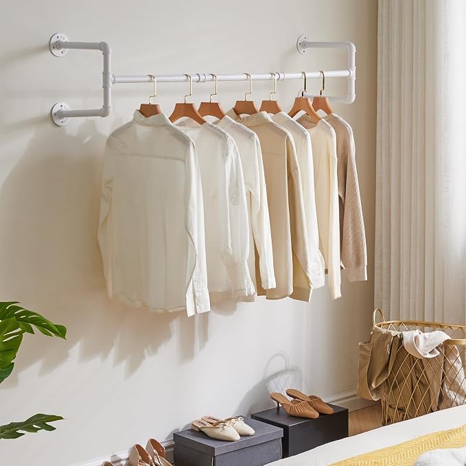 IBUYKE Industrial Pipe Clothes Rack Set of 2, 50 Inch Wall Mounted Clothing Rack, Space-Saving Hanging Closet Rod, Heavy Duty Multi-Purpose Garment Rack for Laundry Room(4 Bases), White TYJ002W-2
