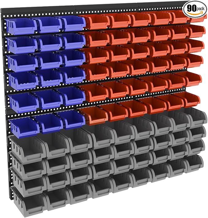 Wall-Mounted Garage Storage Bins, Parts Rack System, Plastic Hanging & Stackable Organizers, Hardware & Tool Storage for Workshop, Craft Room, School & Shop, 90PCS