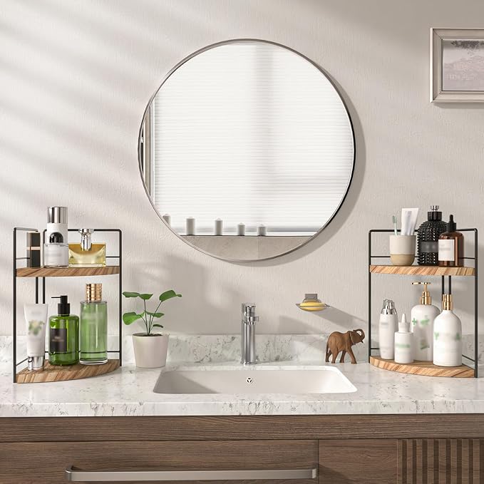 2 Pack Bathroom Counter Organizer, 2 Tier Corner Bathroom Counter Organizer Wooden Double Vanity Organizers for for Double Sink Organizers and Kitchen Storage Dresser Decoration