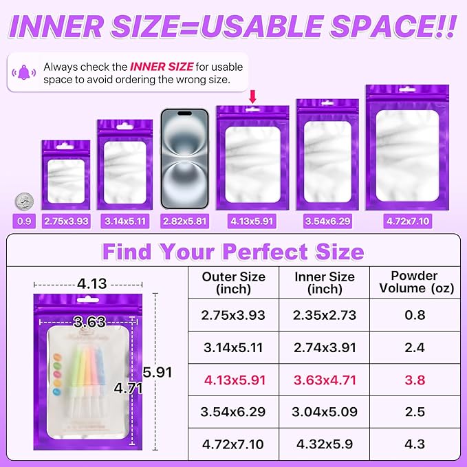 100 Pack Smell Proof Bags, Resealable Packaging Mylar Bags, Heat Seal Bag with Clear Window, Sealed Bag Foil Pouch Smell Proof Zipper Pouch for Food Storage (Purple, 4.13 x 5.91)