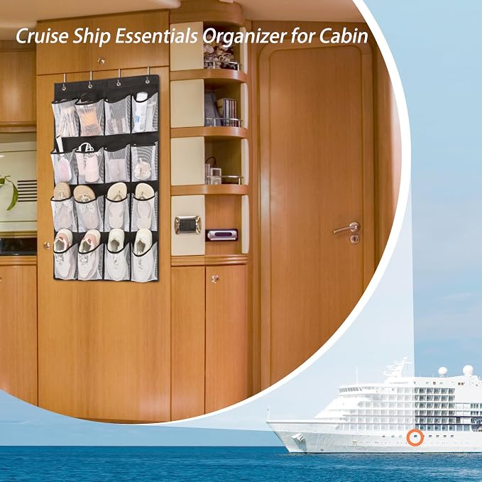 F-color Over the Door Organizer for Cruise - 16-Pocket Hanging Organizer | Tool-Free Mount with 4 Metal Hooks, See-Through Mesh Pockets, Lightweight & Foldable, Space-Saving for Travel and Daily Use